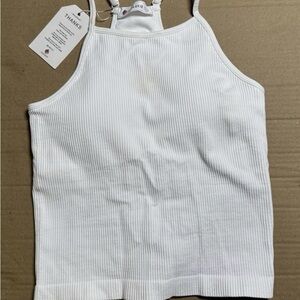 LASLULU White Ribbed Tank Top Sleeveless Crop Top Racerback Stretch Womens L